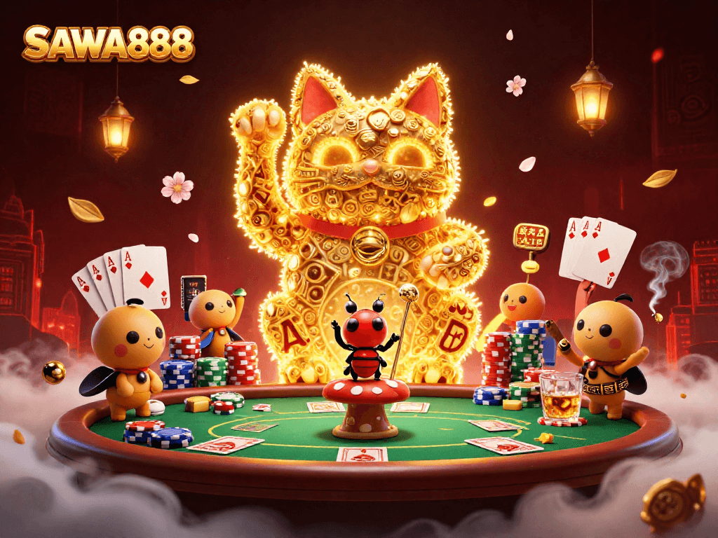 Experience the dazzling SAWA888 with a lucky cat and vibrant casino elements in this artistic illustration.