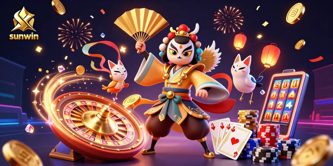 Experience thrilling wins at sunwin with a vibrant 3D illustration of a kabuki warrior and classic casino elements.