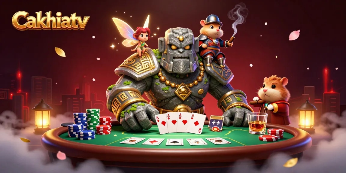 Engage in thrilling soccer betting with Cakhiatv, witnessing the magic of a golem guardian and friends.