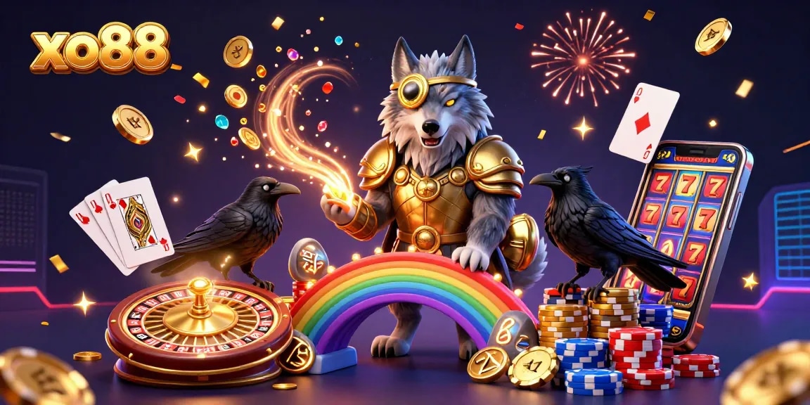 Experience the excitement of xo88 with a vibrant casino-themed illustration featuring Odin, ravens, chips, and gold.