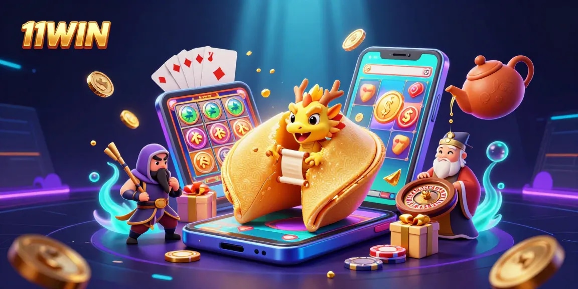 Engage with 11WIN's vibrant casino scene featuring a golden fortune cookie and dynamic slot action.