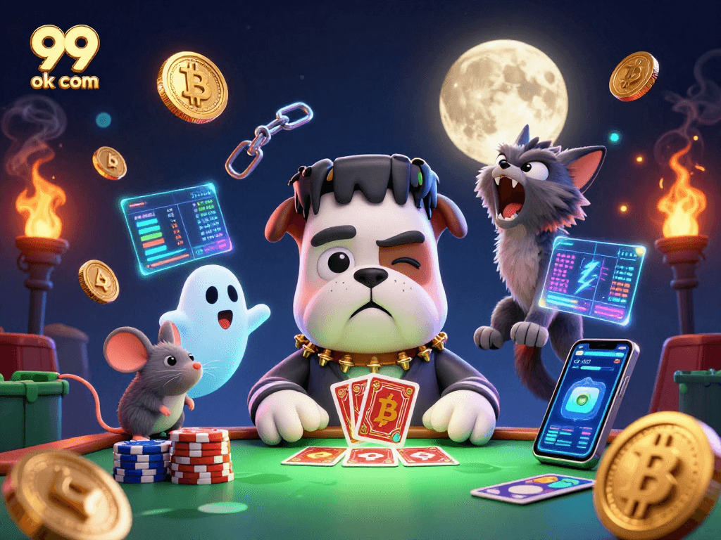 Win big with 99 ok com in this vibrant 3D casino scene featuring unique cartoon characters.