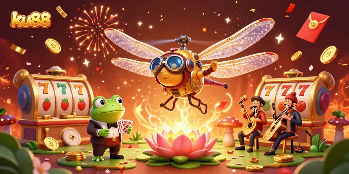 ku88 game-themed illustration featuring a dragonfly pilot and a frog croupier in a vibrant casino setting.