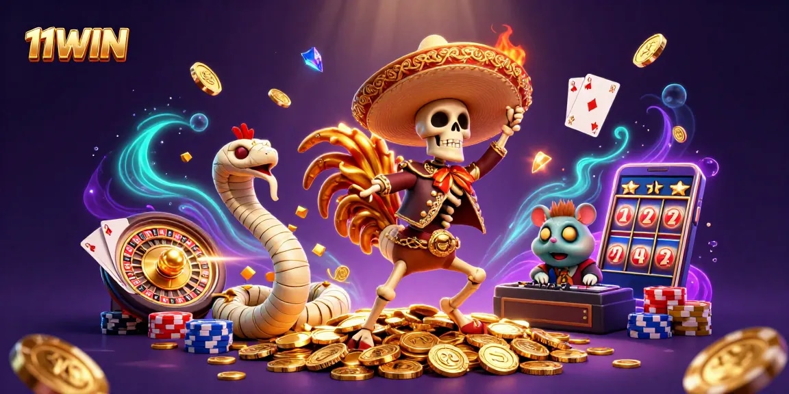 Experience win-filled excitement with 11WIN's vibrant casino illustration featuring fantastic characters.