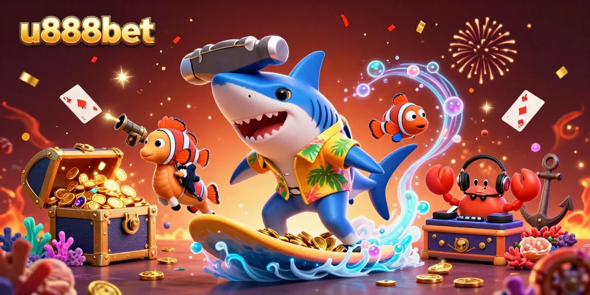 u888bet shark surfing on gold coins in 3D illustration, showcasing vibrant casino-themed characters