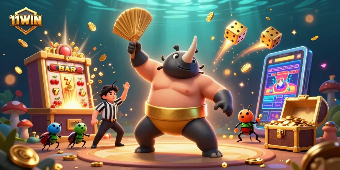 Experience thrilling wins at 11WIN Casino with vibrant characters and slot machine explosion!