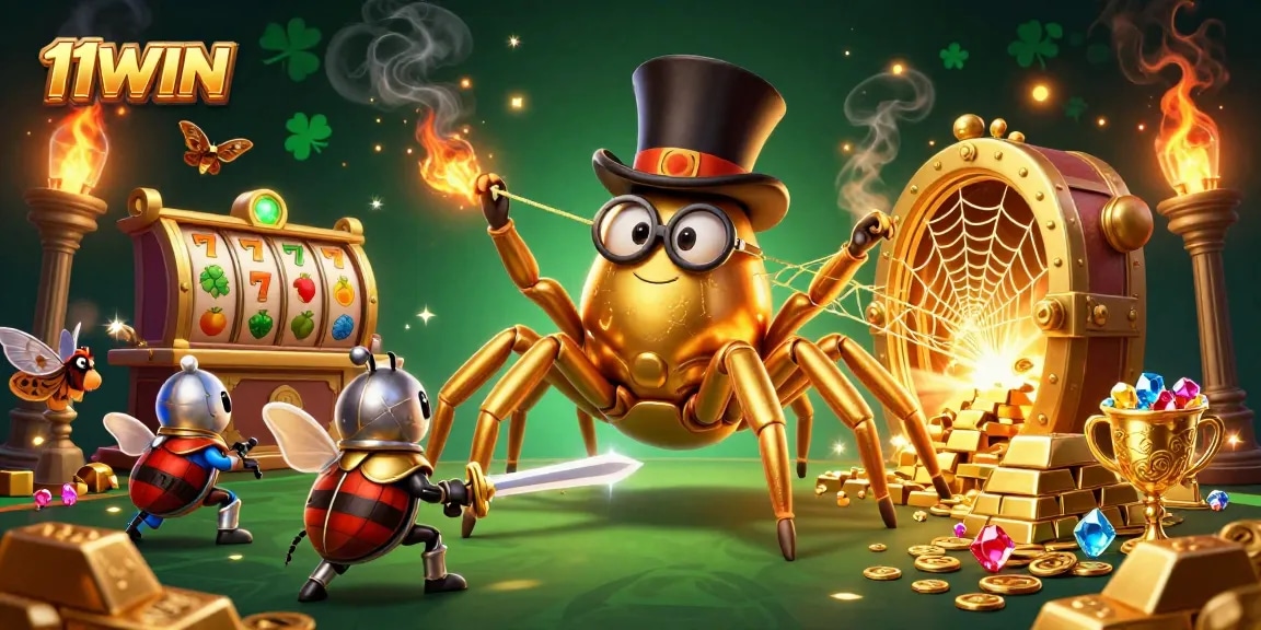 Experience the thrill at 11WIN with an exciting scene featuring a tarantula and treasures.