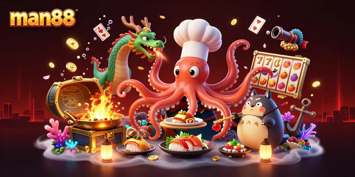 Experience the excitement at man88 with a vibrant scene of animated characters enjoying a lively casino atmosphere.
