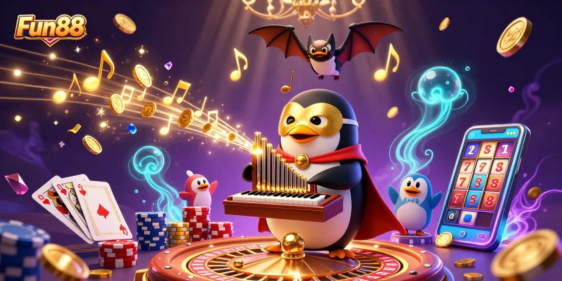 Engage with Fun88's exciting gaming atmosphere featuring animated characters amidst vibrant casino elements.