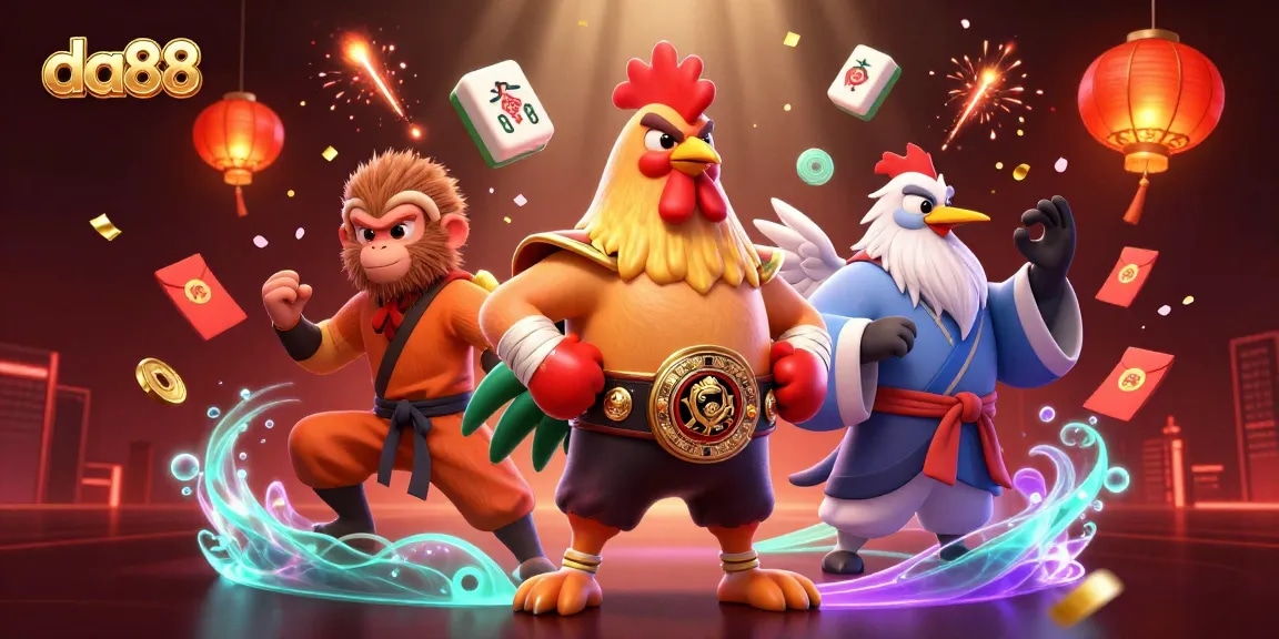 Experience thrilling gameplay with da88, as a Muay Thai rooster and martial artists celebrate luck and fortune.