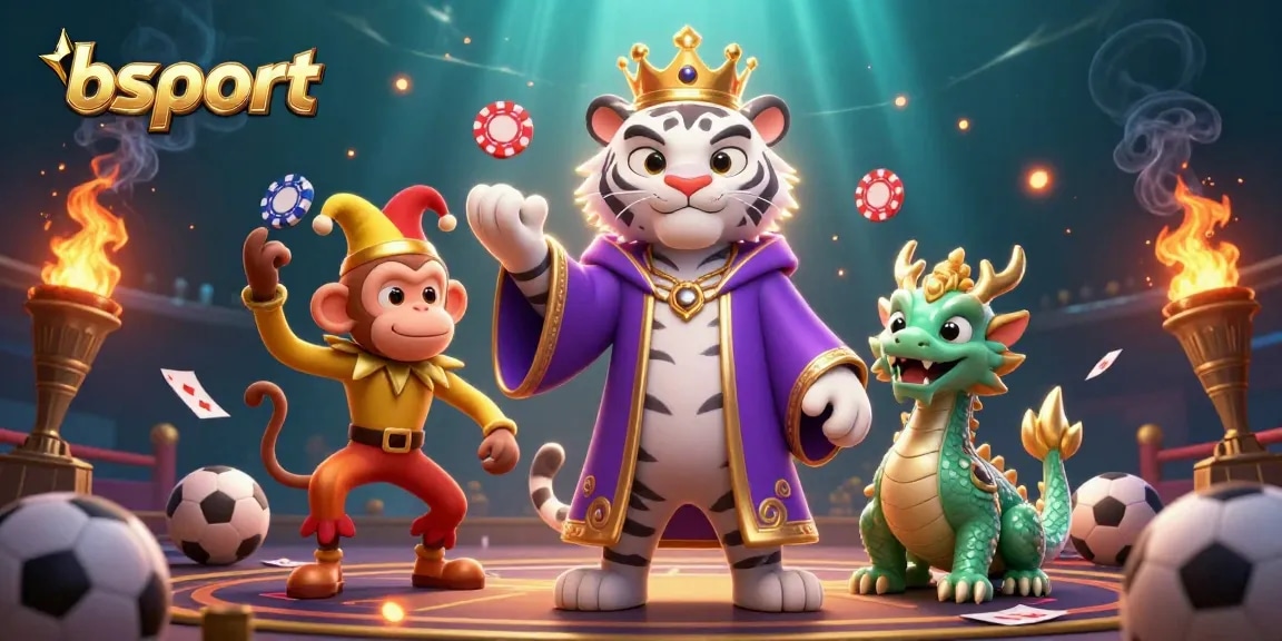 Bet on sports with bsport featuring a royal tiger, jester monkey, and engaging elements for bettors.