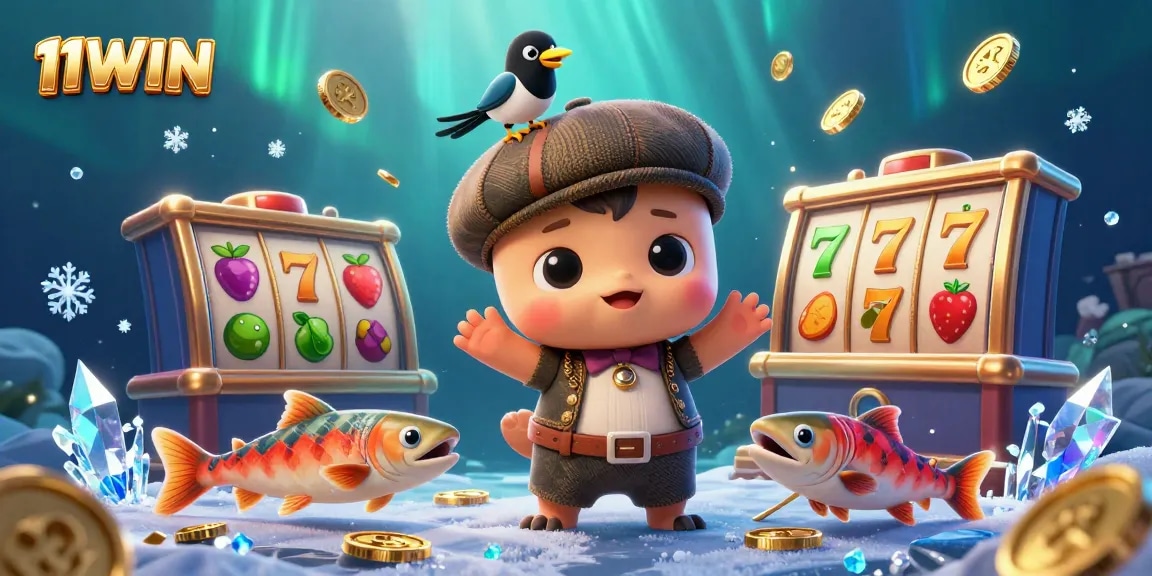 Experience the excitement of 11WIN with colorful slot reels and playful characters in a vibrant casino scene.
