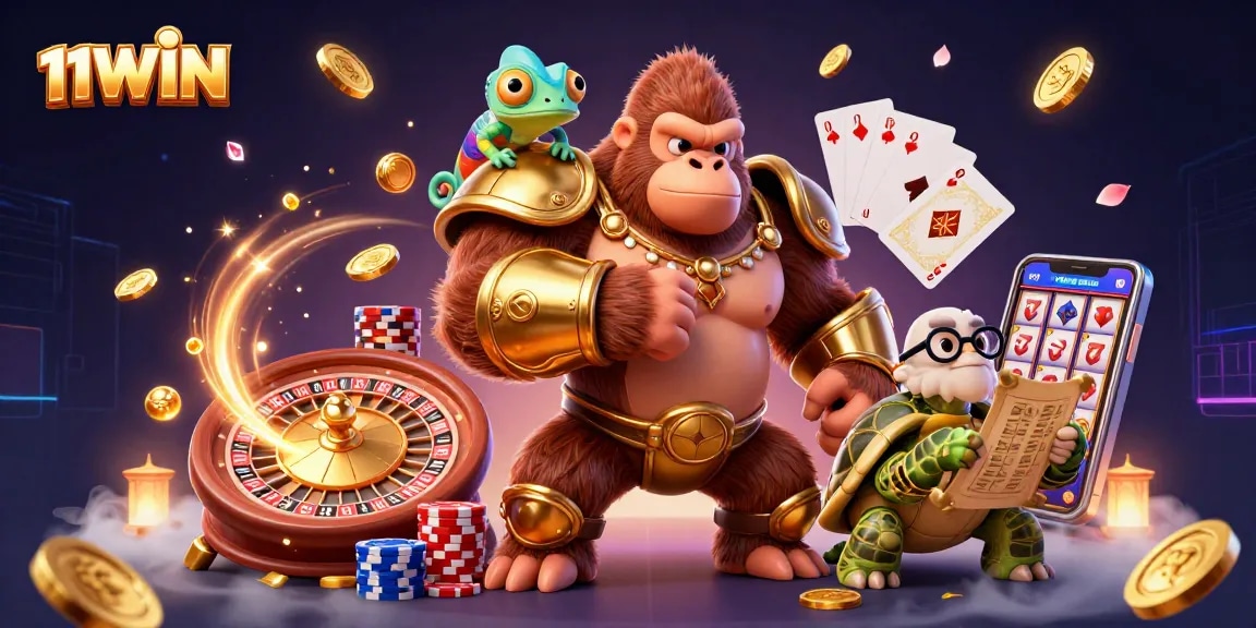 Experience winning moments with 11WIN as a powerful gorilla king and companions celebrate with dazzling casino elements.