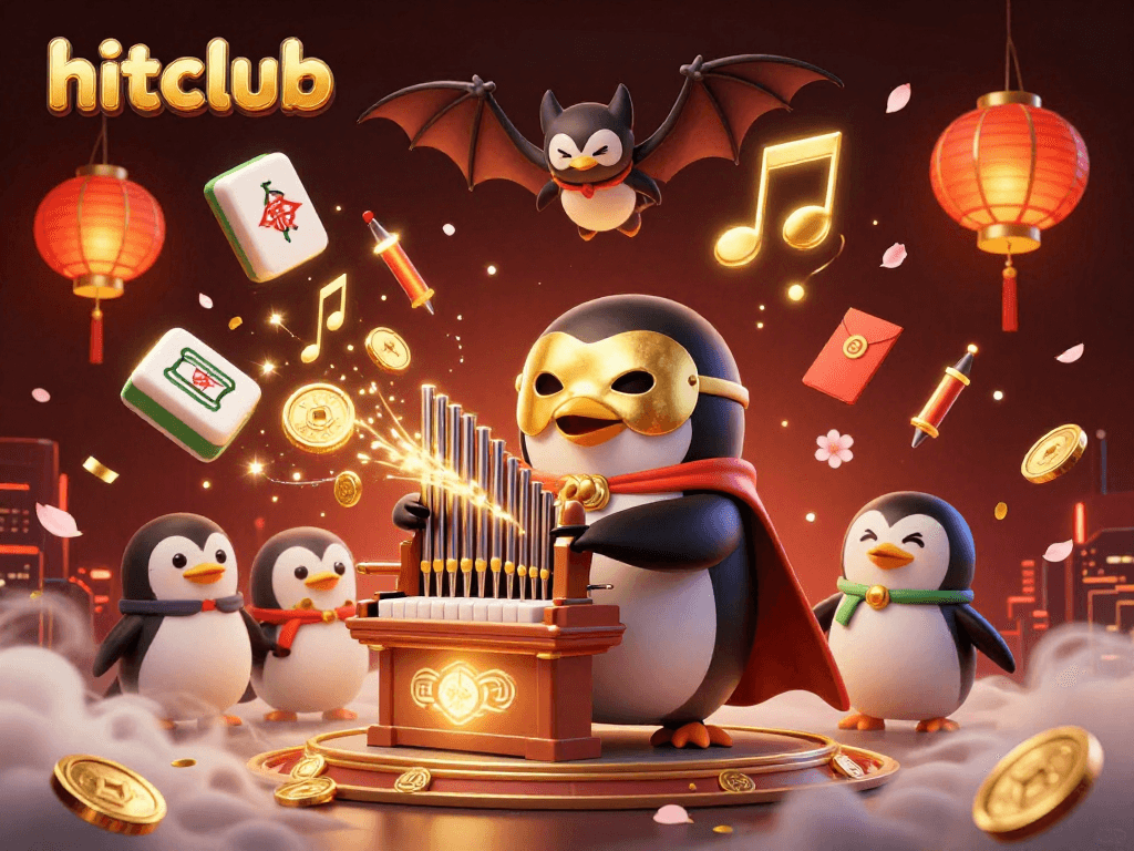 hitclub's vibrant casino scene featuring a penguin organist surrounded by gold coins and traditional elements.