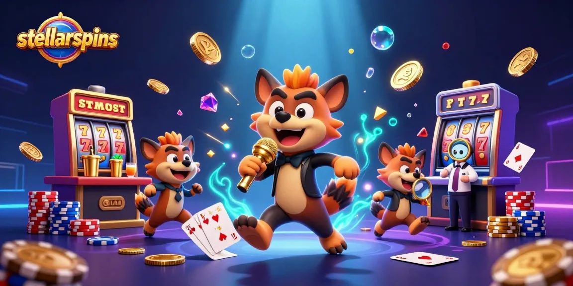 Experience stellarspins with a lively casino scene featuring hyenas engaging in games and fun.