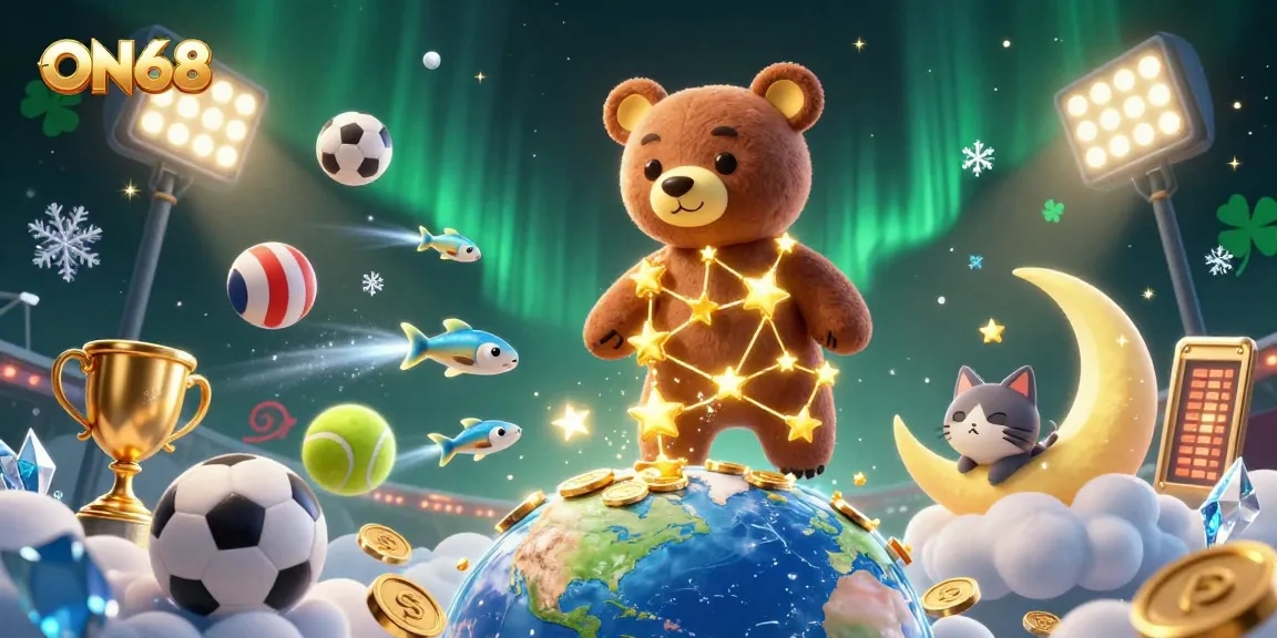 Join the fun at ON68, where the constellation bear scoops coins amidst vibrant gaming elements!