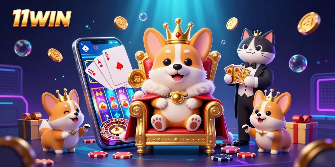 Play exciting slot games at 11WIN featuring a royal corgi amidst vibrant casino elements.