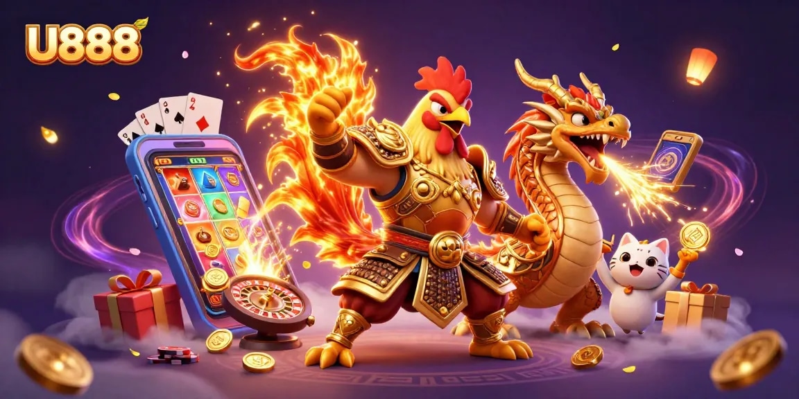 Experience U888 with a fierce rooster and dragon in an exciting casino scene filled with games.