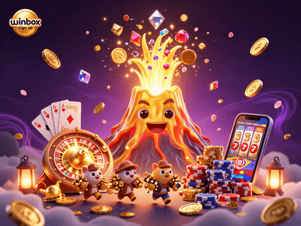 Winbox sign up: Enjoy the thrilling casino experience with coins flying from a golden volcano and vibrant game elements.