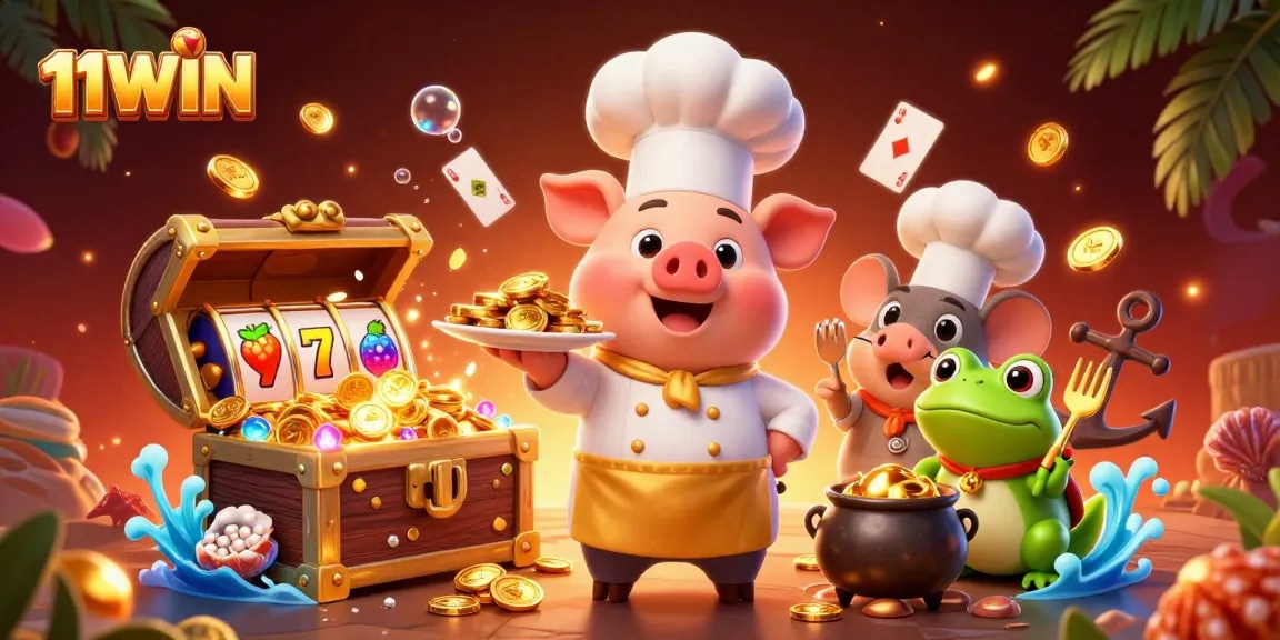 11WIN features a chef pig serving gold coins in a lively casino scene filled with slot elements.
