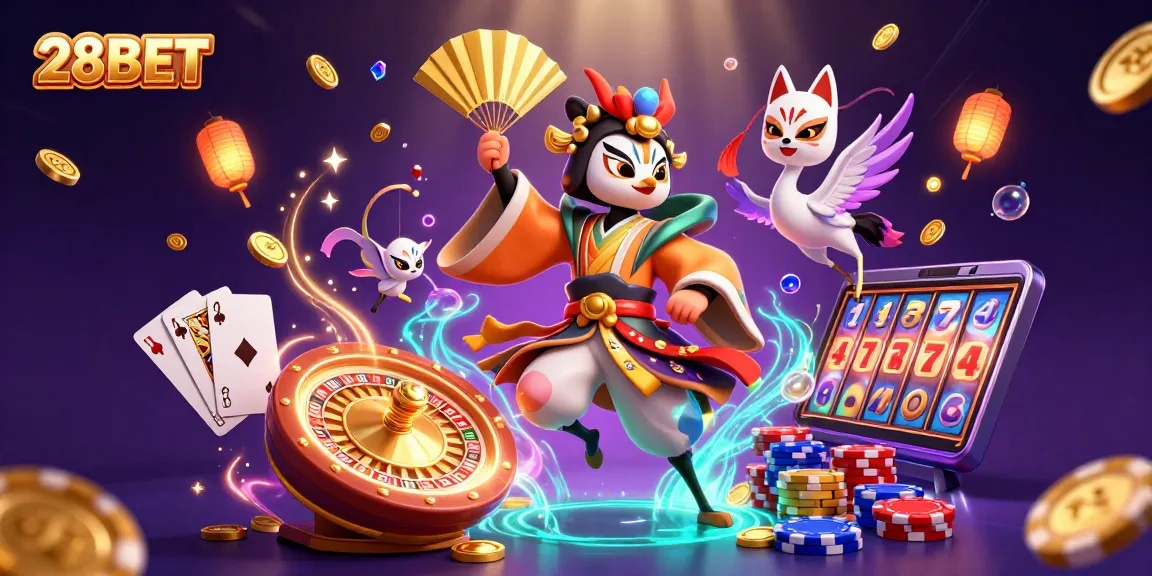 Experience exhilarating wins at 28BET with a dynamic 3D casino scene featuring vibrant games.