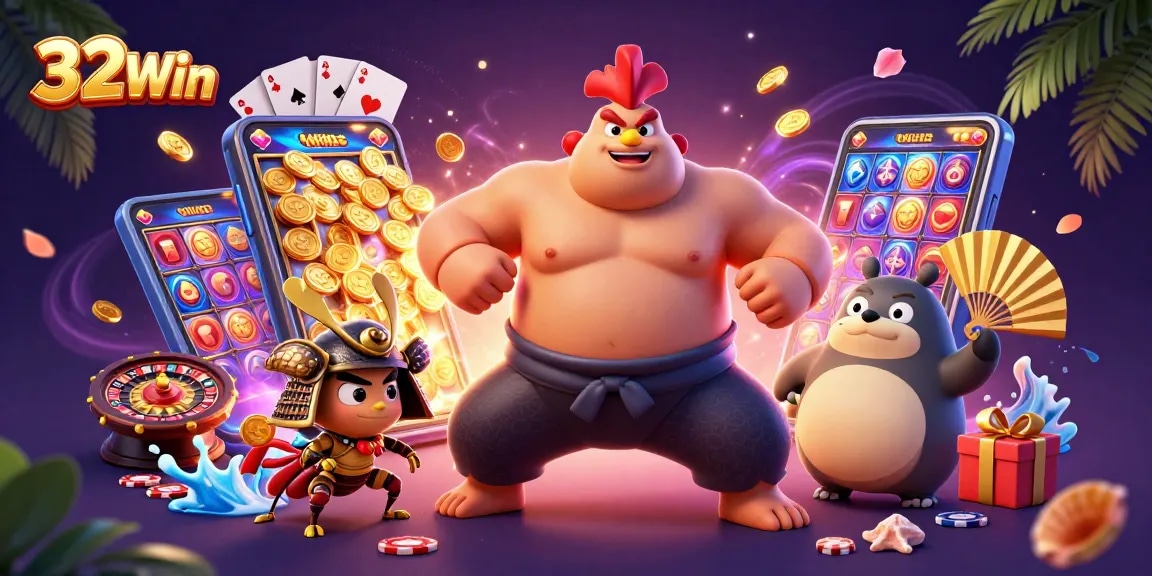 Experience excitement at 32Win with energetic characters and vibrant casino games in action.