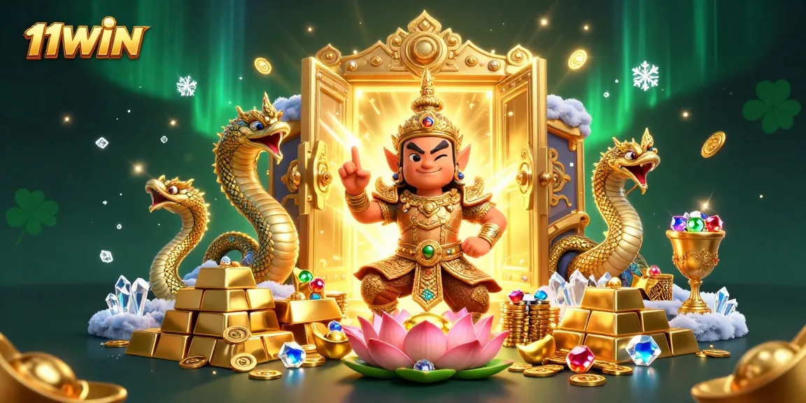 Win big with 11WIN in this vibrant 3D digital illustration showcasing exciting treasures and casino elements.