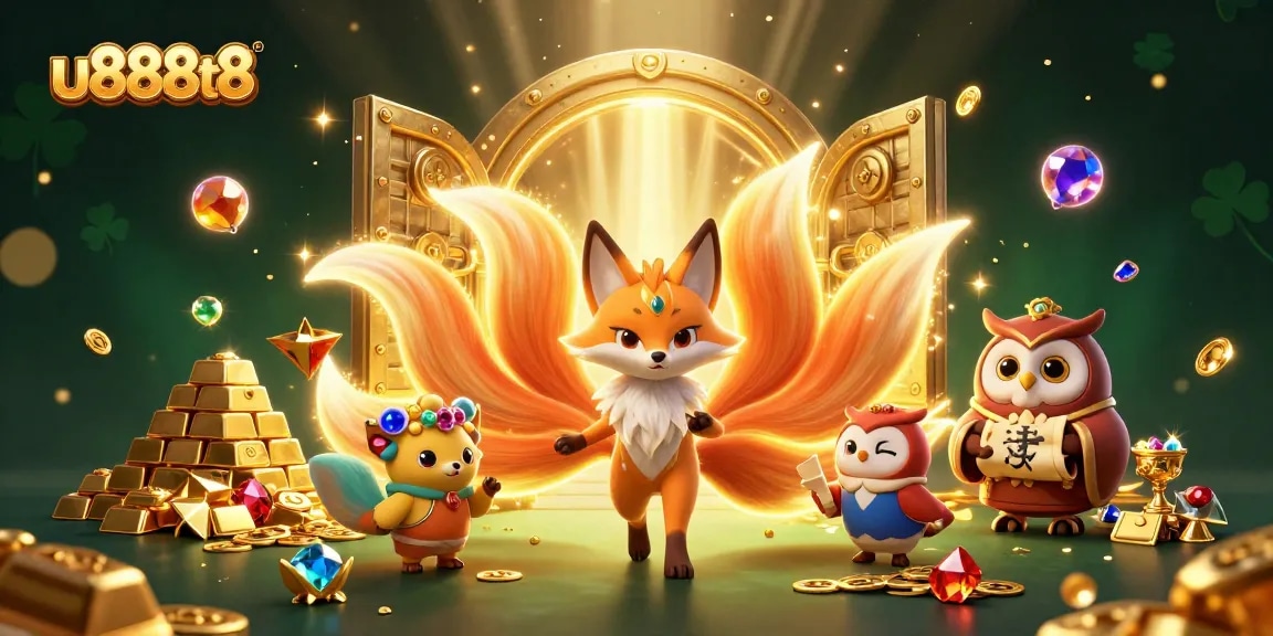 Engage with the exhilarating gaming experience at u888t8 featuring a magical nine-tailed fox and wise owl amidst gold treasures.
