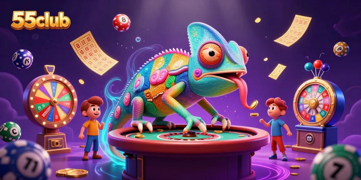 Engage with exciting 55club casino action featuring a vibrant chameleon owner amidst lottery and bingo elements.