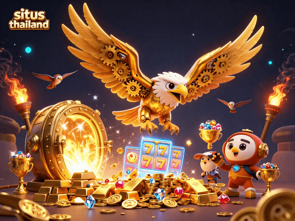 Engage in thrilling slot action at situs thailand with vibrant golden treasures and cascading slot reels