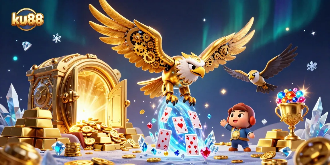 Experience thrilling action with ku88's animated eagle amidst a treasure-filled casino scene.