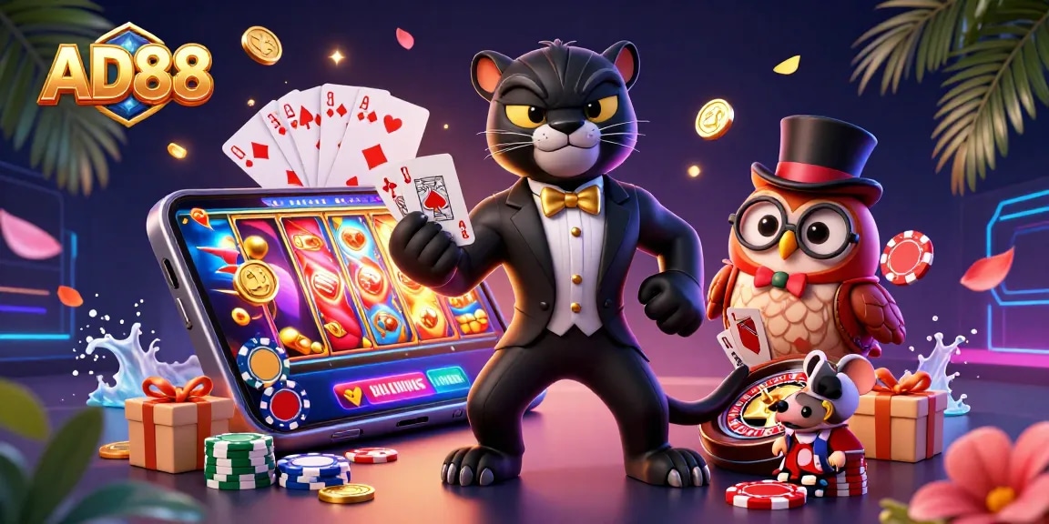 Engage with AD88's exciting gaming scene featuring a stylish panther and friends revealed in a vibrant casino atmosphere.