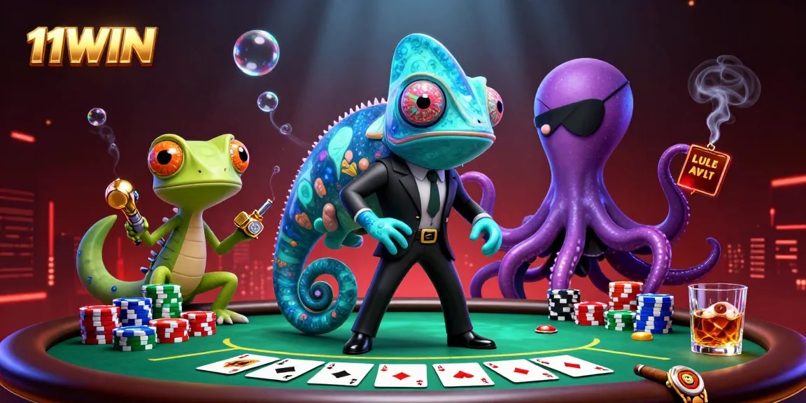 Engage in thrilling poker action with 11WIN featuring vibrant characters in an electric casino scene.