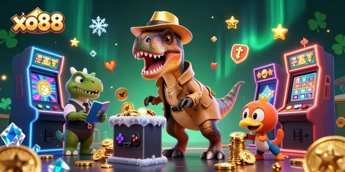 Experience the excitement of xo88 as a cartoon velociraptor counters cards amid vibrant slot machines and gaming action.