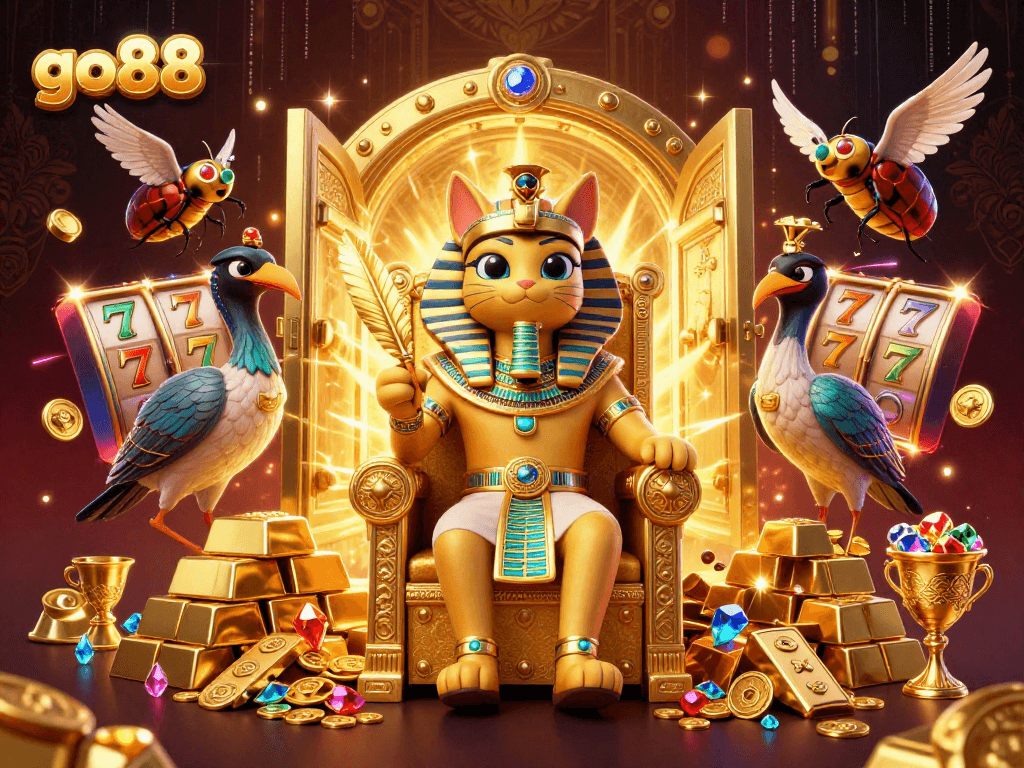 Experience the excitement of go88 with a vibrant 3D illustration of a pharaoh cat and treasures in a rich casino theme.