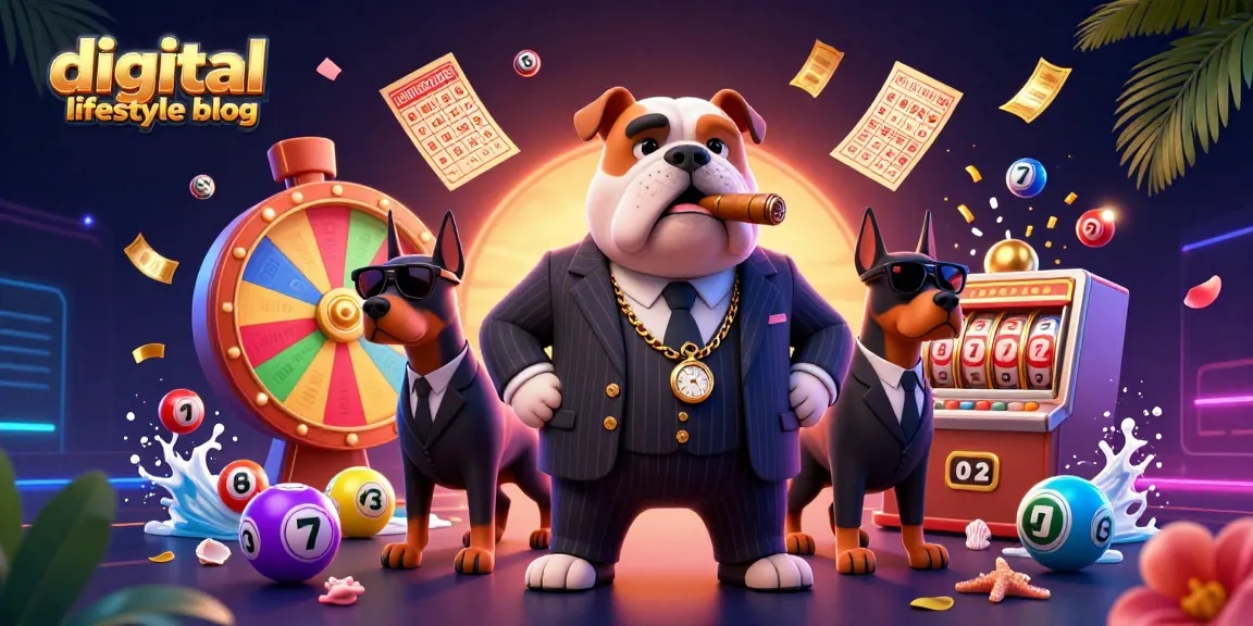 A vibrant digital lifestyle blog illustration captures a mafia boss bulldog with gaming elements, showcasing excitement in gambling