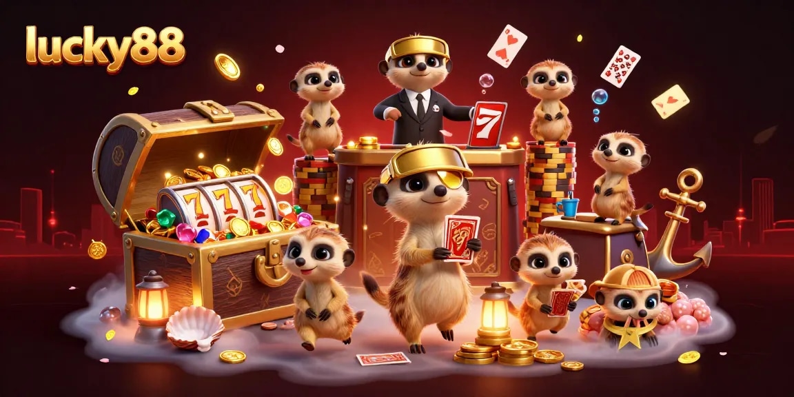 Experience lucky88's thrilling casino excitement with cartoon meerkats in this vibrant illustration.