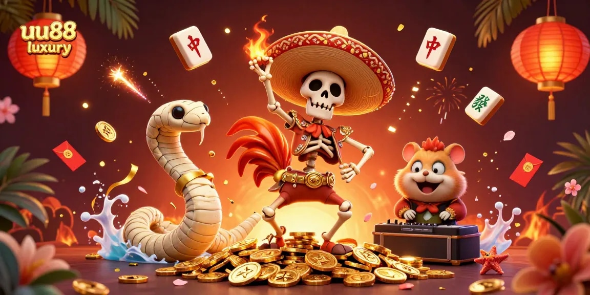 Engage with uu88 luxury's exciting online gaming atmosphere featuring vibrant 3D characters and dynamic casino-themed elements.
