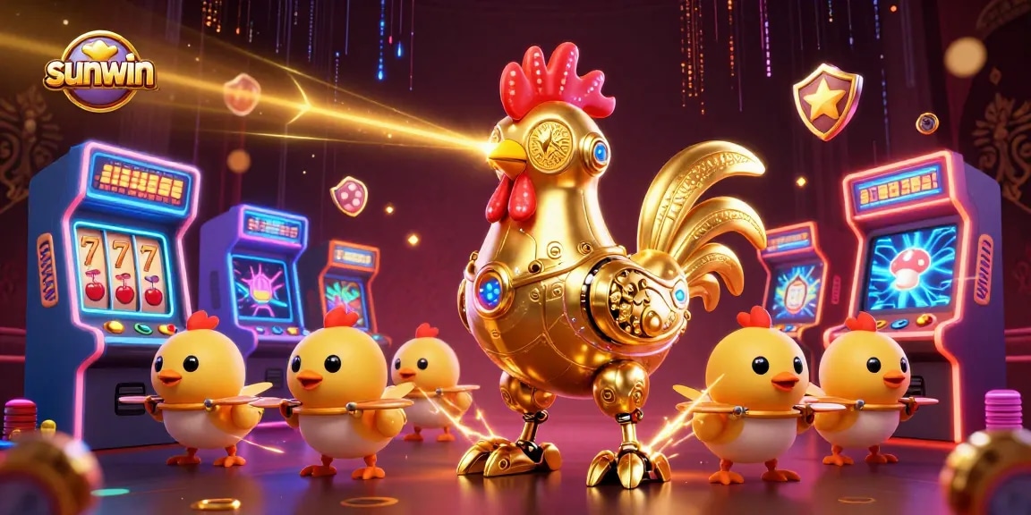 Experience winning moments with sunwin's animated golden rooster robot leading a dynamic gaming adventure.