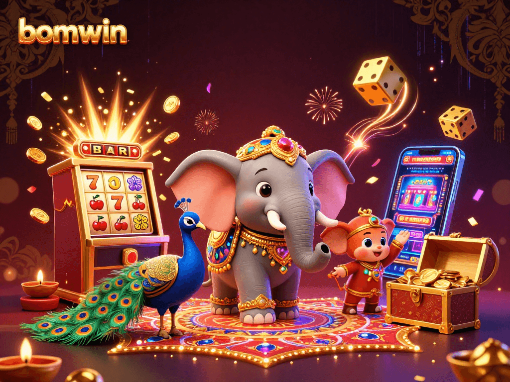 Spin and win with bomwin at the vibrant casino, featuring a joyous elephant and dazzling games.