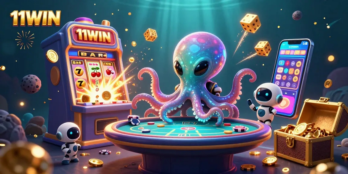 Join the excitement with 11WIN's alien octopus and jackpot-filled casino scene!