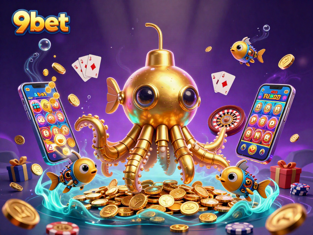 Experience thrilling gameplay with 9bet, featuring a 3D kraken submarine amidst golden coins.