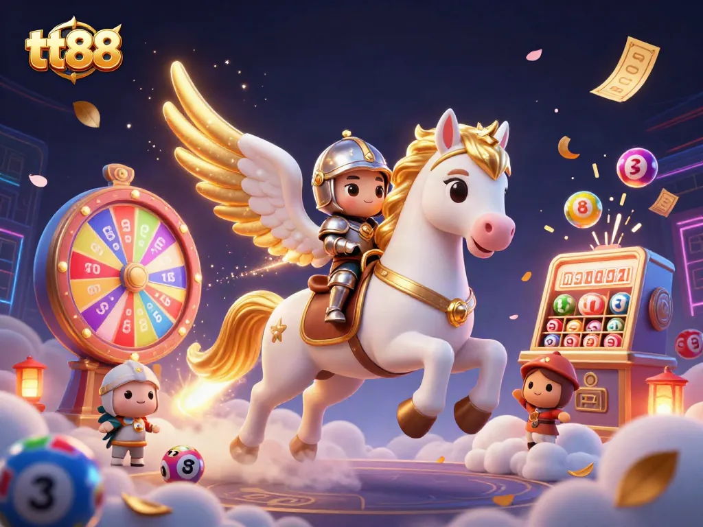 Experience the excitement of tt88 with a vibrant, dynamic illustration featuring lottery elements and a whimsical character.