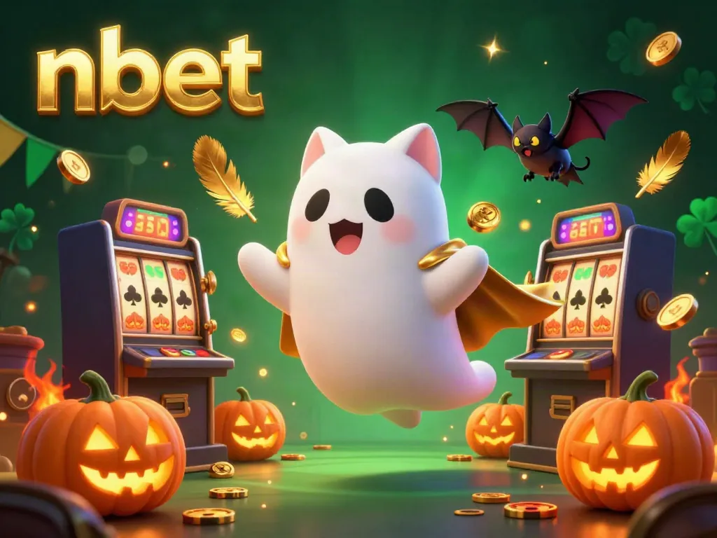 Engage with nbet's thrilling casino atmosphere through a ghost cat adventure amidst glowing game elements.