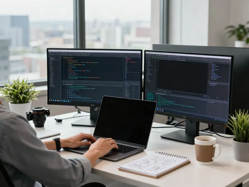 Instant indexing workspace showcasing a developer coding with dual monitors and a coffee mug.