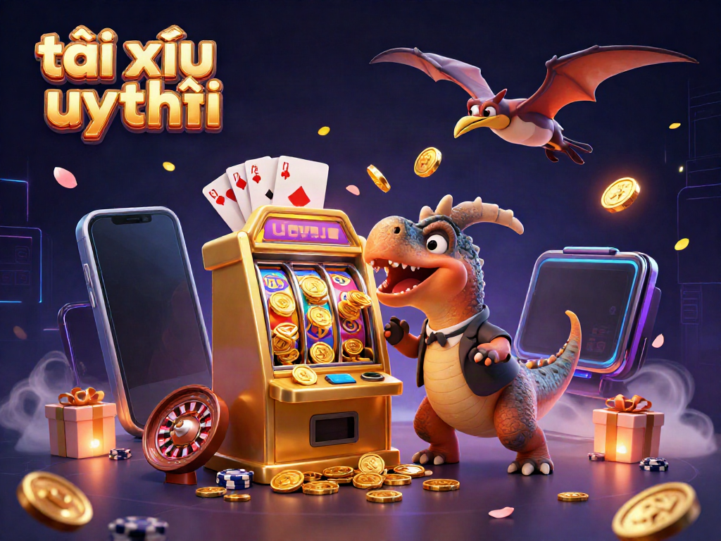 Engaging scene of tài xỉu uy tín illustrating a dinosaur headbutting a slot machine while coins fly, capturing the excitement of online gambling.