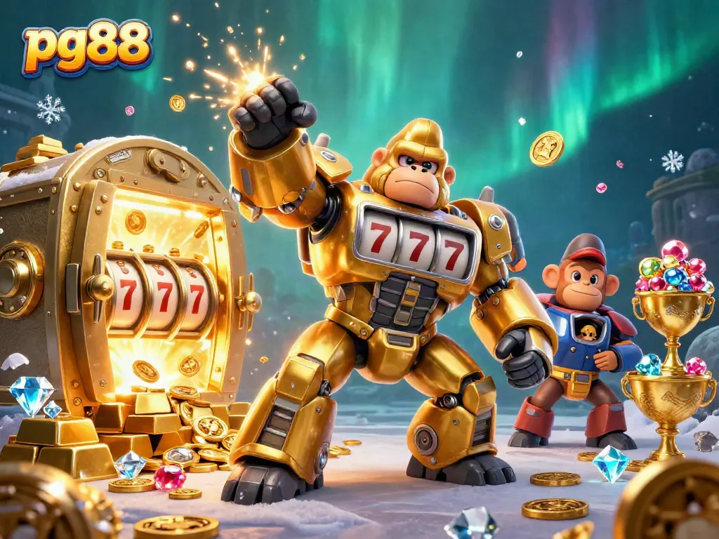 Experience thrilling adventures at pg88 with a golden gorilla mech surrounded by treasures and jewels.