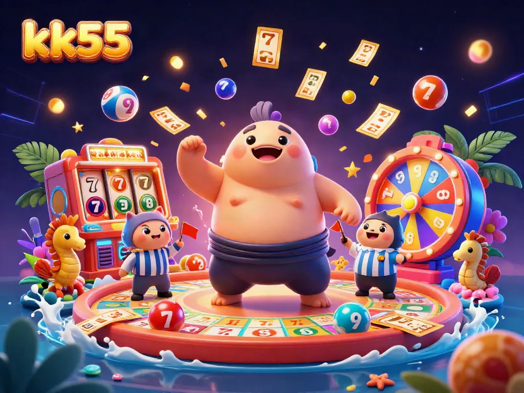 Experience the thrill of kk55 casino with a dynamic underwater scene featuring a fugu in a sumo belt amidst colorful lottery elements.