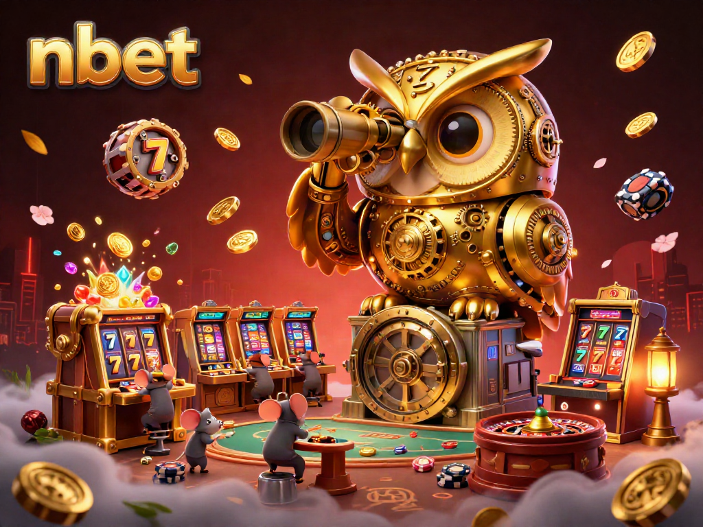 Experience thrilling action with nbet in a vibrant casino scene showcasing an owl and mice amidst gold and games.