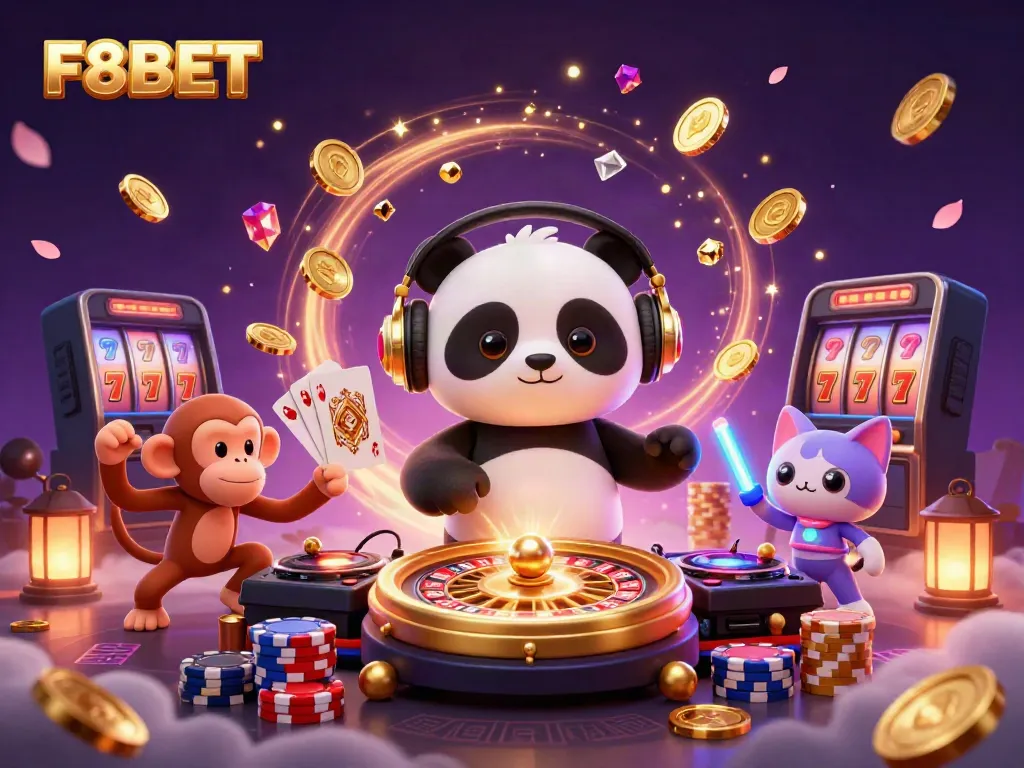 Experience F8BET's exciting casino atmosphere with a vibrant 3D panda DJ and lively characters.